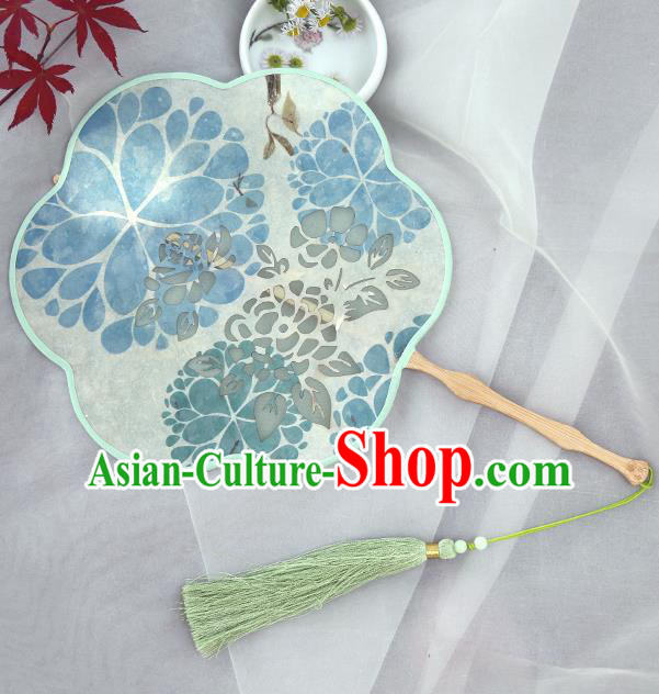 Traditional Chinese Crafts Palace Fans Printing Fans Ancient Blue Silk Fan for Women