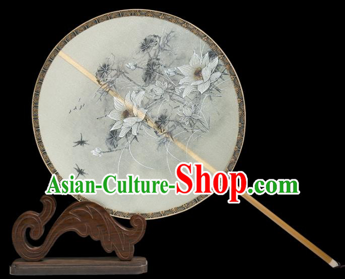 Traditional Chinese Crafts Palace Fans Printing White Lotus Round Fans Ancient Silk Fan for Women