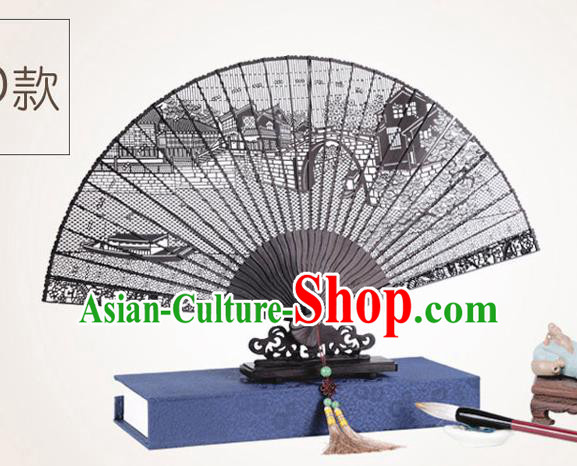 Chinese Traditional Crafts Sandalwood Folding Fans Pierced Jiangnan Watertown Fans Accordion Fan