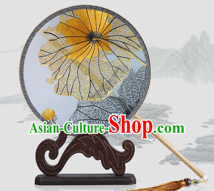 Traditional Chinese Crafts Palace Fans Embroidered Lotus Leaf Round Fans Ancient Silk Fan for Women