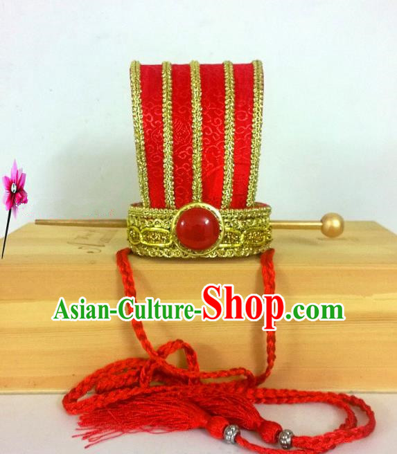 Chinese Traditional Hanfu Headdress Ancient Bridegroom Red Hairdo Crown for Men