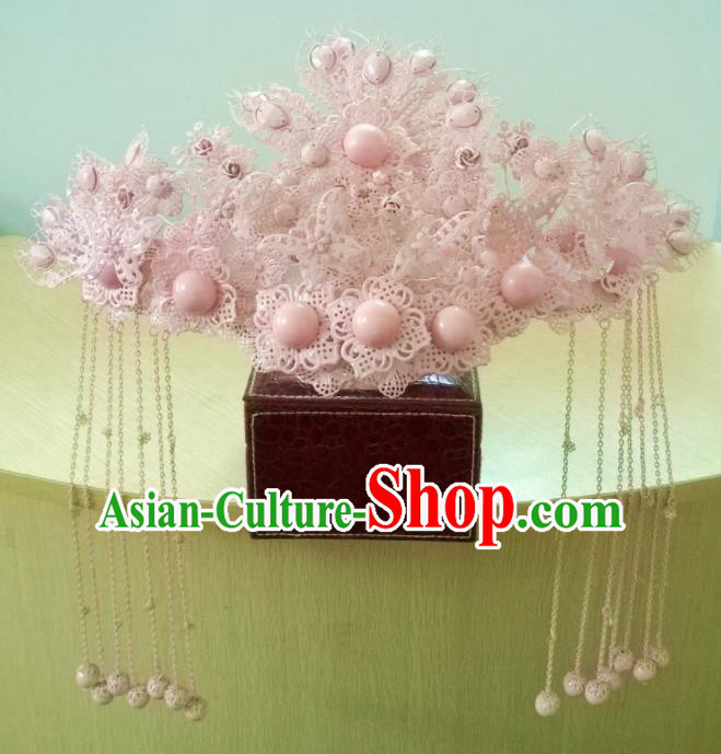 Chinese Classical Wedding Hair Accessories Traditional Ancient Bride Pink Phoenix Coronet for Women