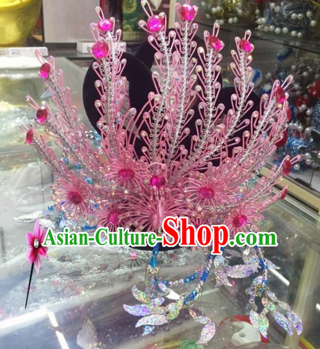 Chinese Classical Princess Hair Accessories Traditional Ancient Beijing Opera Pink Phoenix Coronet for Women