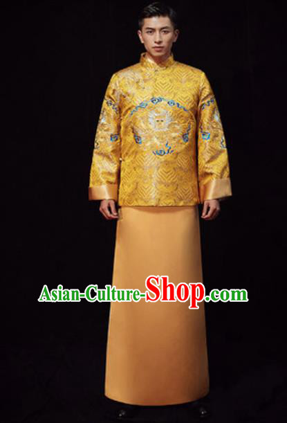 Chinese Traditional Wedding Costumes Ancient Bridegroom Yellow Long Gown for Men