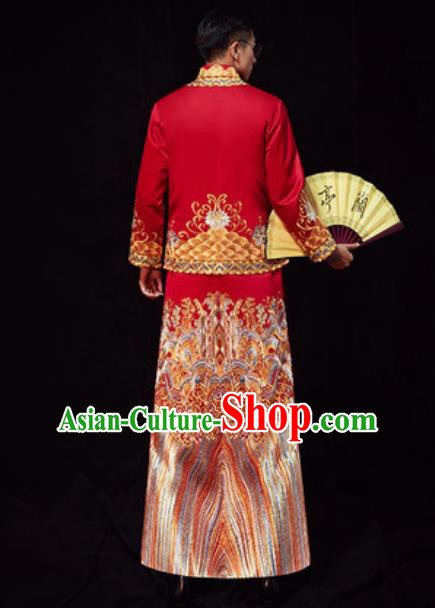 Chinese Traditional Wedding Red Costumes Ancient Bridegroom Long Gown for Men