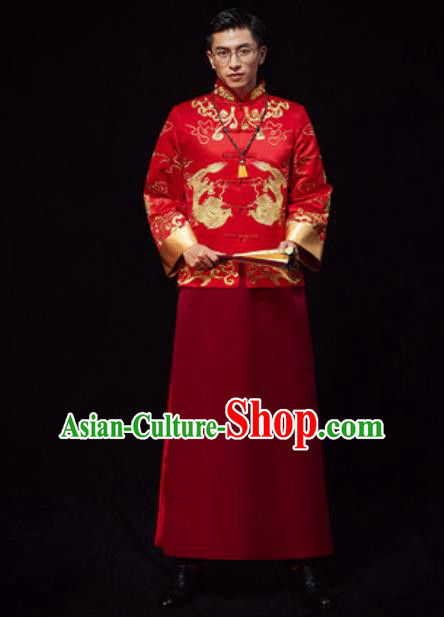 Chinese Traditional Wedding Red Costumes Ancient Bridegroom Toast Clothing for Men