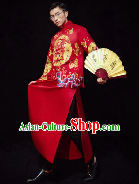 Chinese Traditional Wedding Embroidered Costumes Red Gown Ancient Bridegroom Toast Clothing for Men