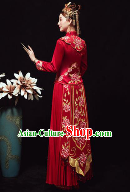 Chinese Traditional Red Xiuhe Suits Ancient Bride Embroidered Peony Wedding Dress for Women