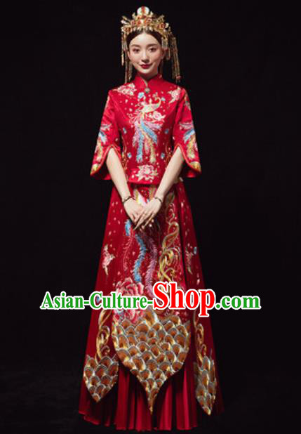 Chinese Traditional Red Xiuhe Suits Ancient Bride Embroidered Phoenix Wedding Dress for Women