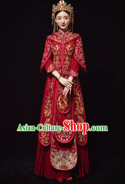 Chinese Traditional Embroidered Phoenix Red Xiuhe Suits Ancient Bride Wedding Dress for Women