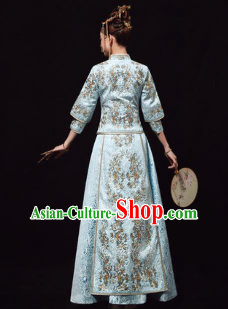 Chinese Traditional Wedding Costumes Blue Xiuhe Suits Ancient Bride Embroidered Dress for Women