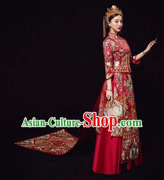 Chinese Traditional Wedding Costumes Embroidered Red Xiuhe Suits Ancient Bride Trailing Dress for Women