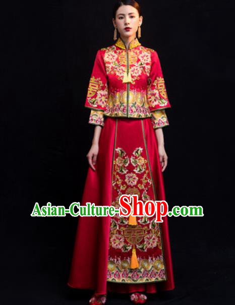 Traditional Chinese Wedding Costumes Ancient Bride Embroidered Peony Dress for Women