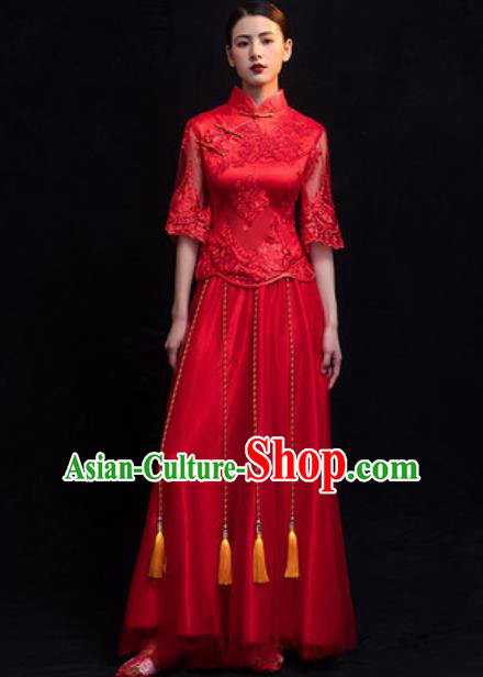 Traditional Chinese Wedding Costumes Ancient Bride Embroidered Red Lace Dress for Women