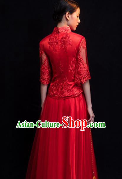 Traditional Chinese Wedding Costumes Ancient Bride Embroidered Red Lace Dress for Women