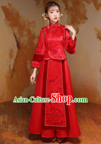 Traditional Chinese Wedding Costumes Ancient Bride Embroidered Red Silk Dress for Women