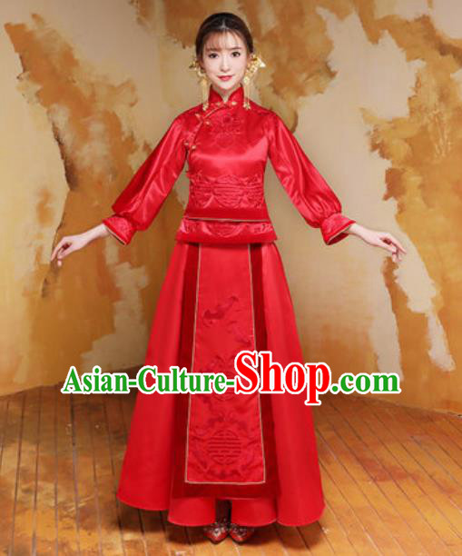 Traditional Chinese Wedding Bride Costumes Ancient Embroidered Red Dress for Women