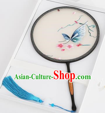 Chinese Traditional Palace Fans Embroidered Butterfly Round Fans Ancient Hanfu Silk Fan for Women