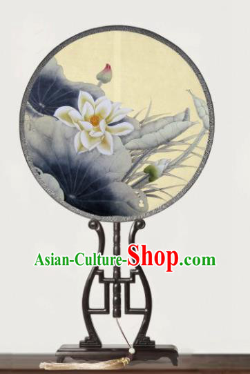 Chinese Traditional Palace Fans Redwood Round Fans Ancient Hanfu Printing Lotus Silk Fan for Women