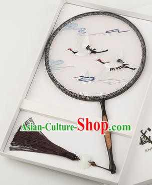 Chinese Traditional Palace Fans Embroidered Cranes Fans Ancient Hanfu Silk Round Fan for Women