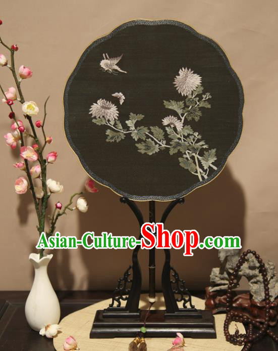 Chinese Ancient Traditional Palace Fans Hanfu Pure Silk Round Fans Embroidered Black Fan for Women