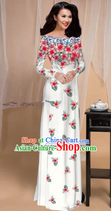 Asian Vietnam Traditional Printing Flowers White Cheongsam Vietnamese Classical Ao Dai Qipao Dress for Women