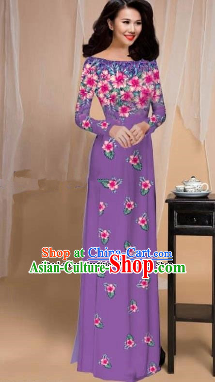 Asian Vietnam Traditional Printing Flowers Purple Cheongsam Vietnamese Classical Ao Dai Qipao Dress for Women