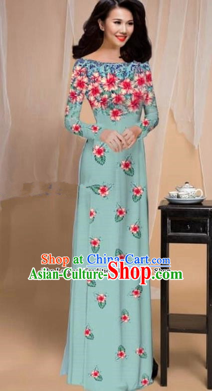 Asian Vietnam Traditional Printing Flowers Light Blue Cheongsam Vietnamese Classical Ao Dai Qipao Dress for Women