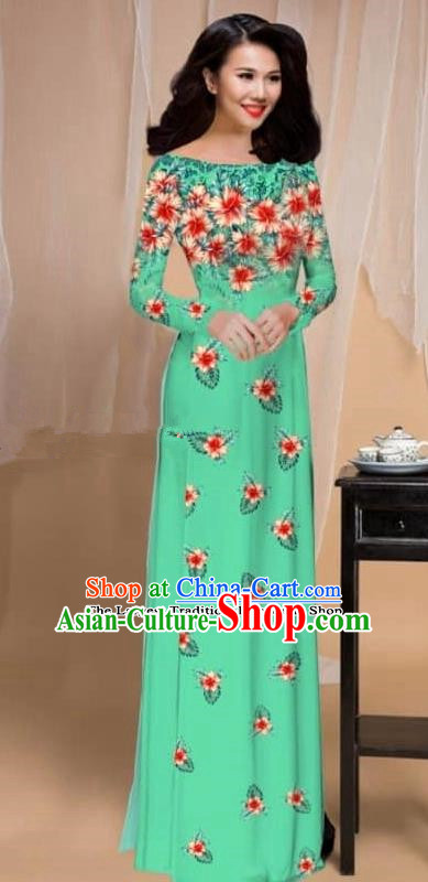 Asian Vietnam Traditional Printing Flowers Light Green Cheongsam Vietnamese Classical Ao Dai Qipao Dress for Women
