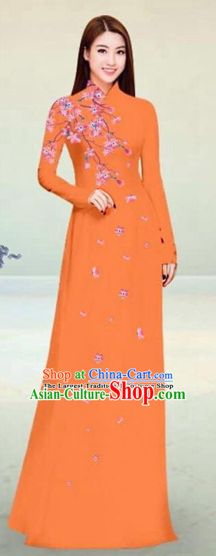 Asian Vietnam Traditional Orange Cheongsam Vietnamese Classical Ao Dai Qipao Dress for Women