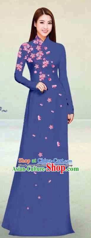 Asian Vietnam Traditional Navy Cheongsam Vietnamese Classical Ao Dai Qipao Dress for Women