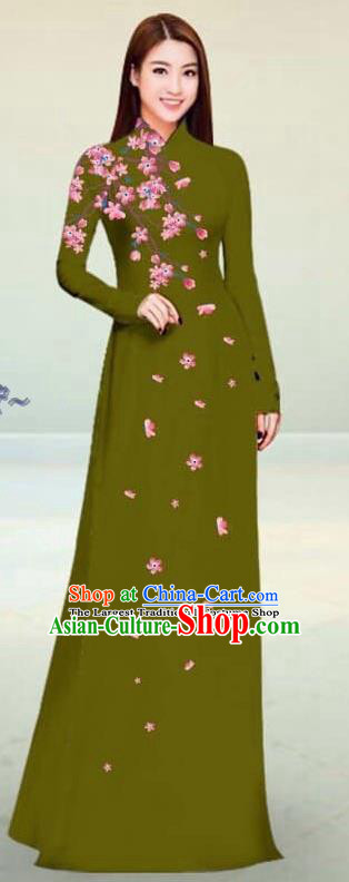 Asian Vietnam Traditional Olive Green Cheongsam Vietnamese Classical Ao Dai Qipao Dress for Women