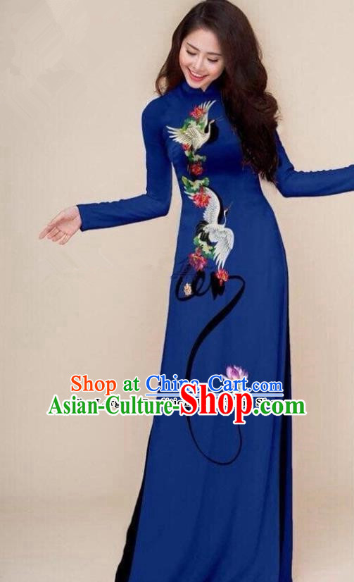 Asian Vietnam Traditional Printing Cranes Navy Cheongsam Vietnamese Classical Ao Dai Qipao Dress for Women