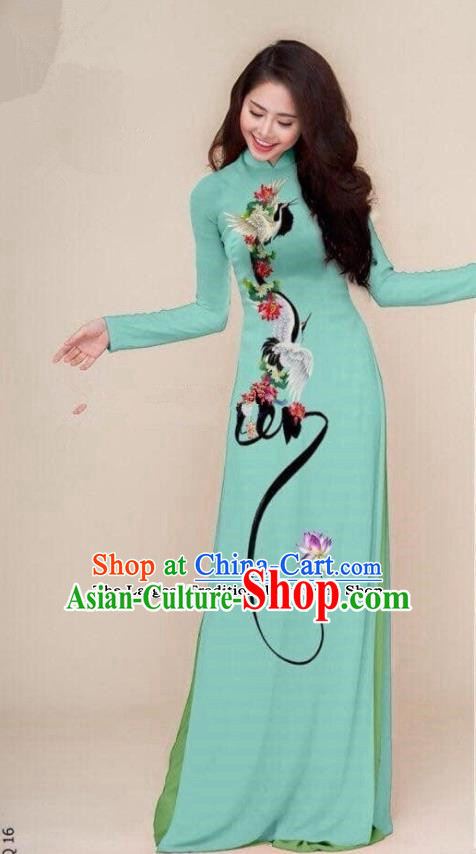 Asian Vietnam Traditional Printing Cranes Green Cheongsam Vietnamese Classical Ao Dai Qipao Dress for Women