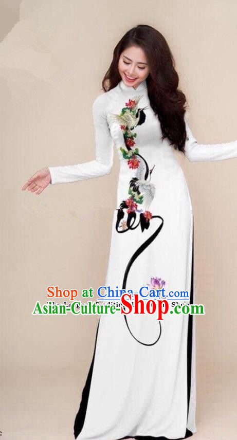 Asian Vietnam Traditional Printing Cranes White Cheongsam Vietnamese Classical Ao Dai Qipao Dress for Women