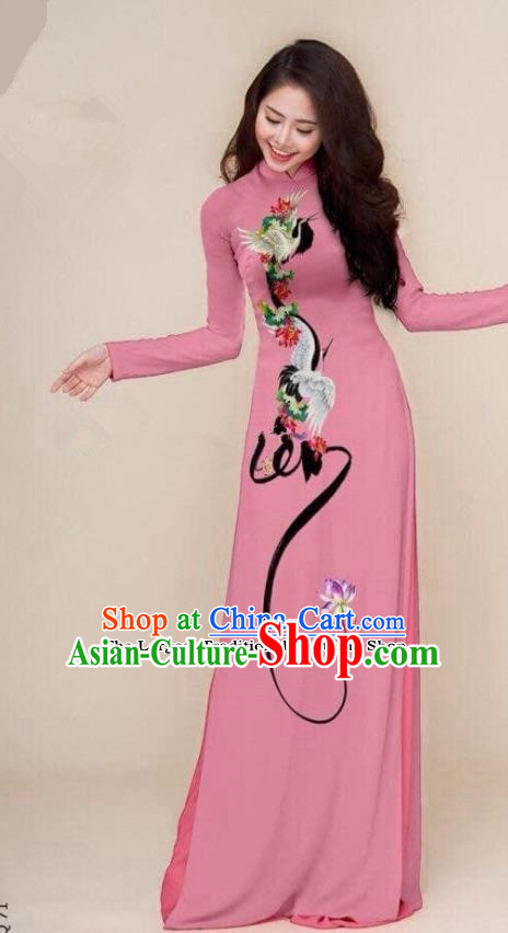 Asian Vietnam Traditional Printing Cranes Pink Cheongsam Vietnamese Classical Ao Dai Qipao Dress for Women