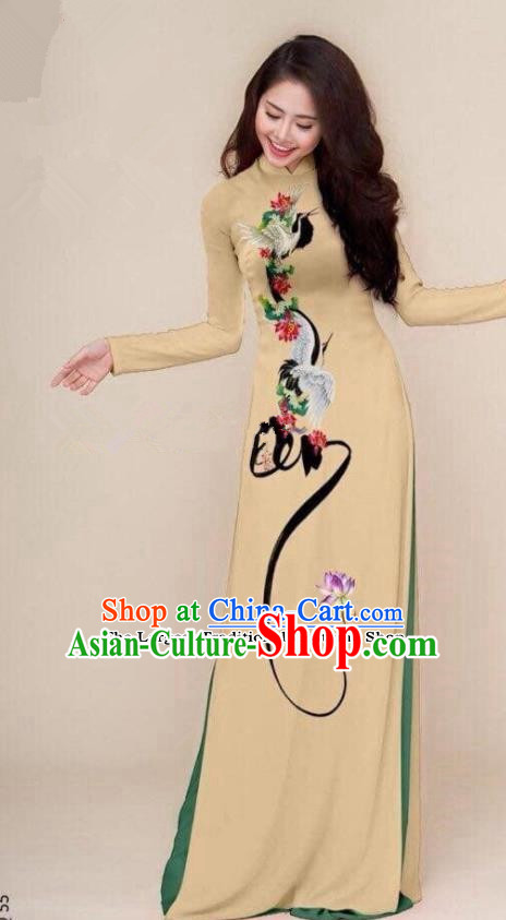 Asian Vietnam Traditional Printing Cranes Khaki Cheongsam Vietnamese Classical Ao Dai Qipao Dress for Women