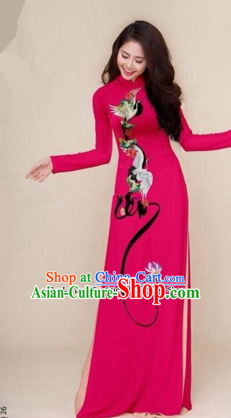 Asian Vietnam Traditional Printing Cranes Rosy Cheongsam Vietnamese Classical Ao Dai Qipao Dress for Women