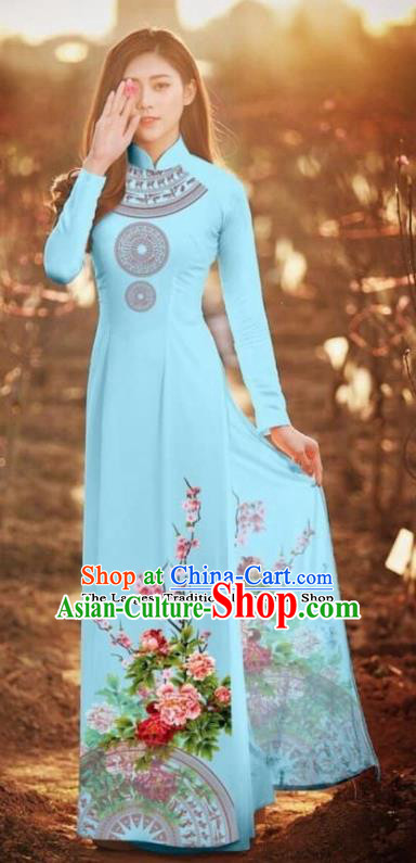 Asian Vietnam Traditional Printing Peony Blue Cheongsam Vietnamese Classical Ao Dai Qipao Dress for Women