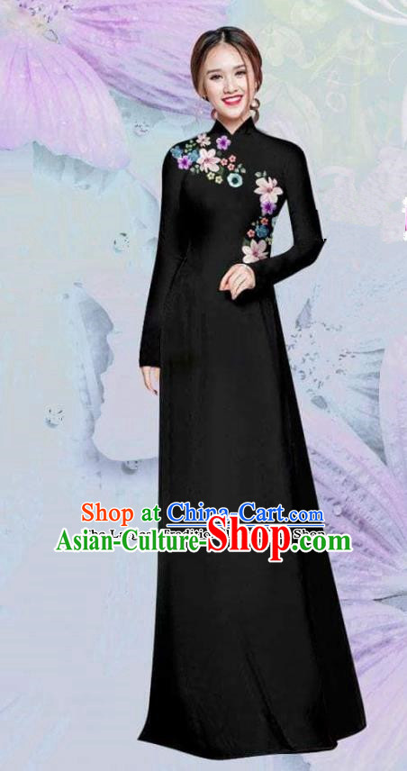 Asian Vietnam Traditional Cheongsam Vietnamese Classical Black Ao Dai Qipao Dress for Women