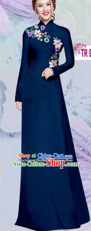 Asian Vietnam Traditional Cheongsam Vietnamese Classical Navy Ao Dai Qipao Dress for Women