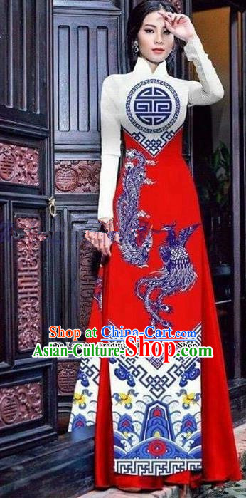 Asian Vietnam Traditional Printing Phoenix Red Cheongsam Vietnamese Ao Dai Qipao Dress for Women