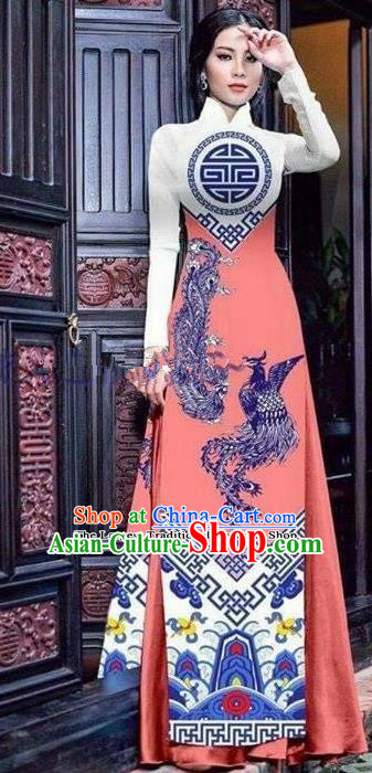 Asian Vietnam Traditional Printing Phoenix Pink Cheongsam Vietnamese Ao Dai Qipao Dress for Women