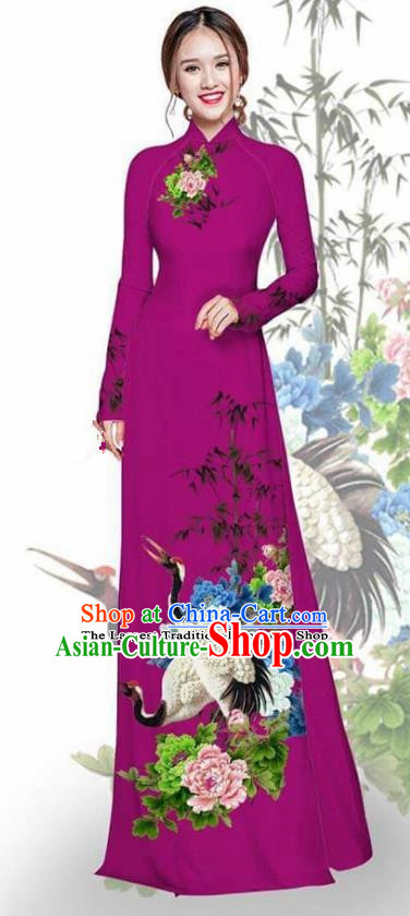 Asian Vietnam Traditional Printing Crane Peony Amaranth Cheongsam Vietnamese Ao Dai Qipao Dress for Women
