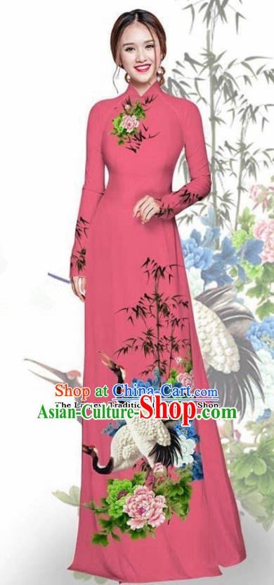 Asian Vietnam Traditional Printing Crane Peony Watermelon Red Cheongsam Vietnamese Ao Dai Qipao Dress for Women