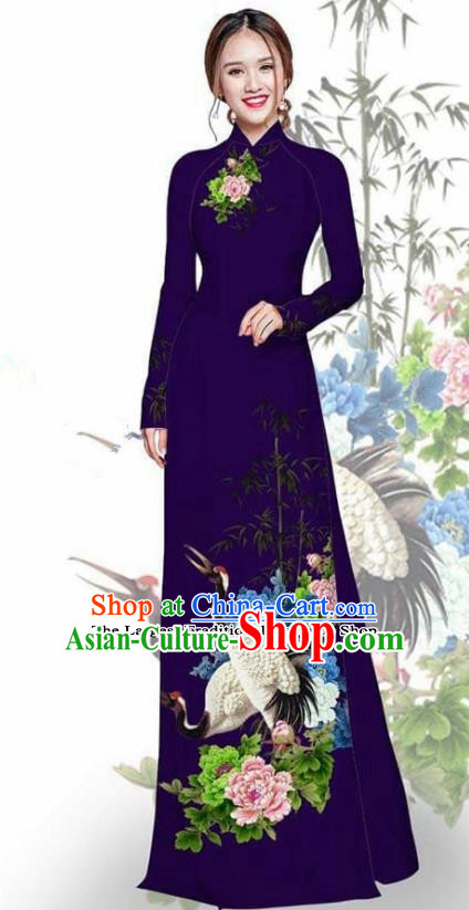 Asian Vietnam Traditional Printing Crane Peony Deep Purple Cheongsam Vietnamese Ao Dai Qipao Dress for Women