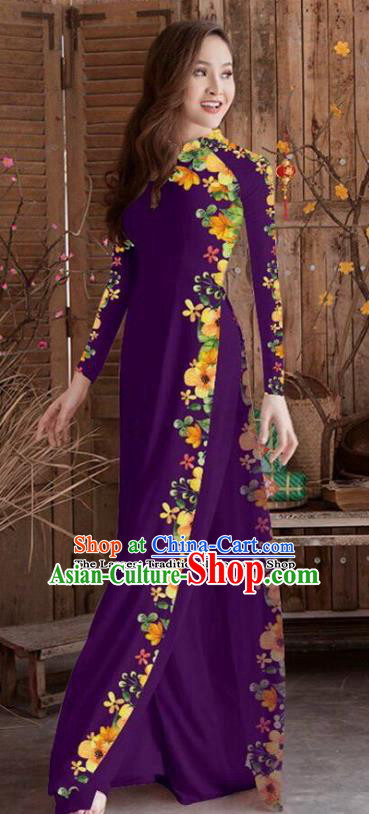 Asian Vietnam Traditional Printing Cheongsam Vietnamese Purple Ao Dai Qipao Dress for Women