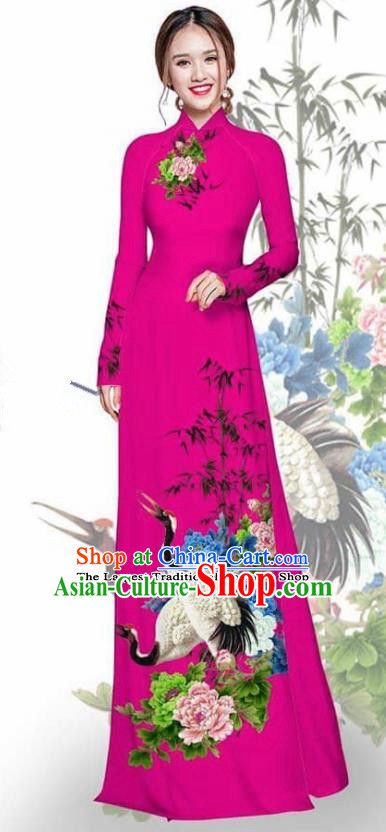 Asian Vietnam Traditional Printing Crane Peony Rosy Cheongsam Vietnamese Ao Dai Qipao Dress for Women