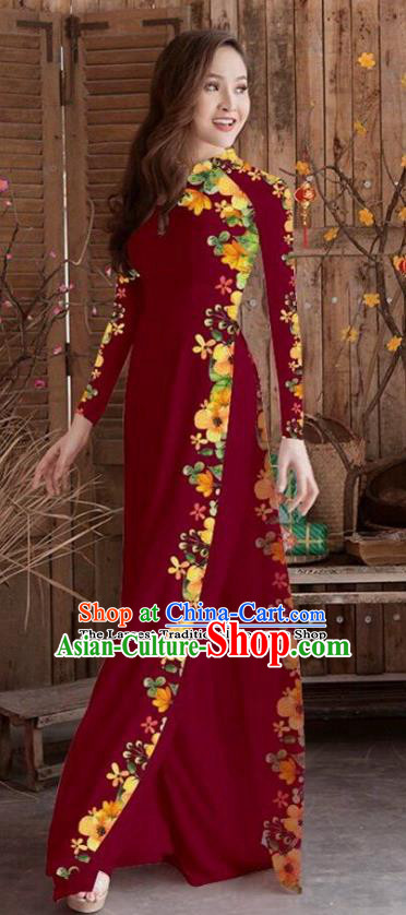 Asian Vietnam Traditional Printing Cheongsam Vietnamese Purplish Red Ao Dai Qipao Dress for Women