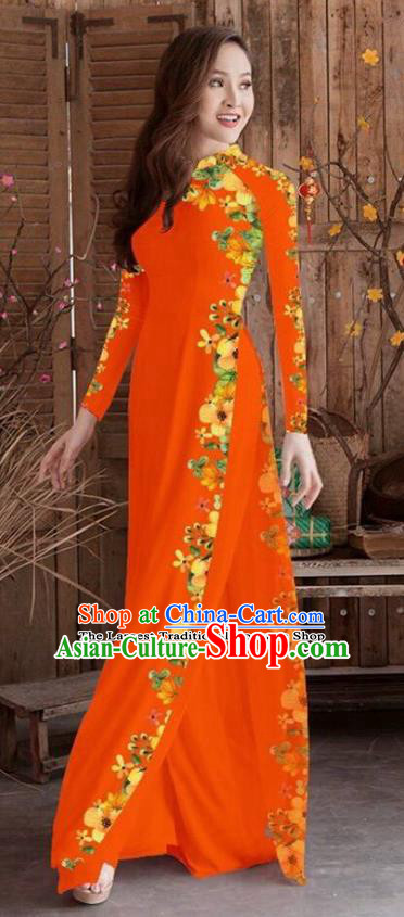Asian Vietnam Traditional Printing Cheongsam Vietnamese Orange Ao Dai Qipao Dress for Women